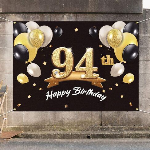Happy 94th Birthday Banner Backdrop - 94 Birthday Party Decorations Supplies for Men - Black Gold 4 x 6ft in Saudi Arabia