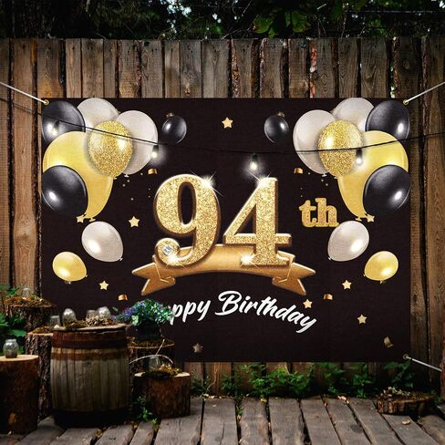Happy 94th Birthday Banner Backdrop - 94 Birthday Party Decorations Supplies for Men - Black Gold 4 x 6ft in Saudi Arabia