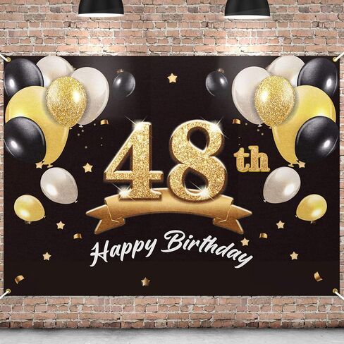 Happy 48th Birthday Banner Backdrop - 48 Birthday Party Decorations Supplies for Men - Black Gold 4 x 6ft in Saudi Arabia