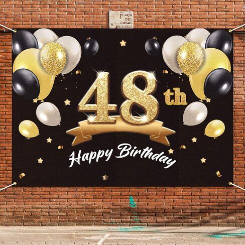 Happy 48th Birthday Banner Backdrop - 48 Birthday Party Decorations Supplies for Men - Black Gold 4 x 6ft in Saudi Arabia
