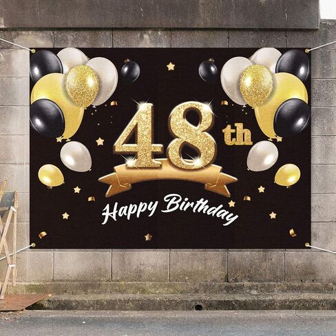 Happy 48th Birthday Banner Backdrop - 48 Birthday Party Decorations Supplies for Men - Black Gold 4 x 6ft in Saudi Arabia