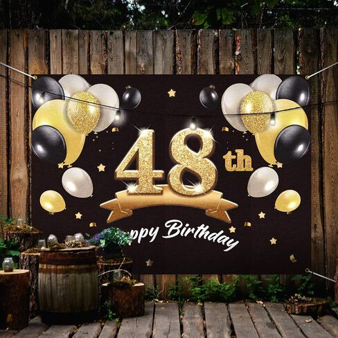 Happy 48th Birthday Banner Backdrop - 48 Birthday Party Decorations Supplies for Men - Black Gold 4 x 6ft in Saudi Arabia