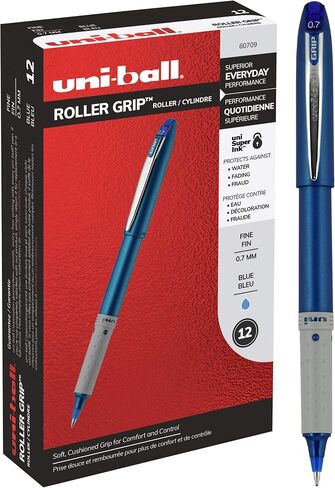 Uniball Roller Grip 12 عبوة باللون الأزرق، أقلام رولربال متوسطة الحجم 0.7 مم، جرب أقلام الجل، الأقلام الملونة، اللوازم المكتبية، الأقلام الملونة، أقلام حبر جاف زرقاء، أقلام كتابة ناعمة ذات نقاط دقيقة in Saudi Arabia