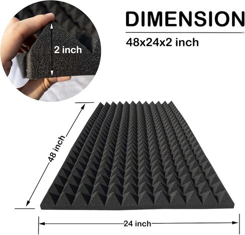 KTOESHEO 2 حزمة من ألواح الرغوة المقاومة للصوت الهرمية، لوحة إسفنجية صوتية مقاس 48 × 24 × 2 بوصة للجدار، ألواح حائط عازلة للصوت عالية الكثافة، لوحة إسفنجية مقاومة للحريق تعمل على تقليل الضوضاء والصدى (أسود) in Kuwait