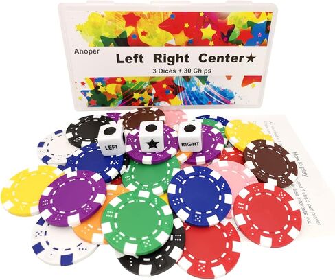 مجموعة ألعاب النرد المركزية اليمنى واليسرى مع 3 نردات + 30 شريحة بوكر احترافية كبيرة، ورقائق كازينو 11.5 جرام. in Kuwait