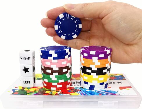 مجموعة ألعاب النرد المركزية اليمنى واليسرى مع 3 نردات + 30 شريحة بوكر احترافية كبيرة، ورقائق كازينو 11.5 جرام. in Kuwait