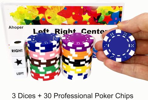 مجموعة ألعاب النرد المركزية اليمنى واليسرى مع 3 نردات + 30 شريحة بوكر احترافية كبيرة، ورقائق كازينو 11.5 جرام. in Kuwait