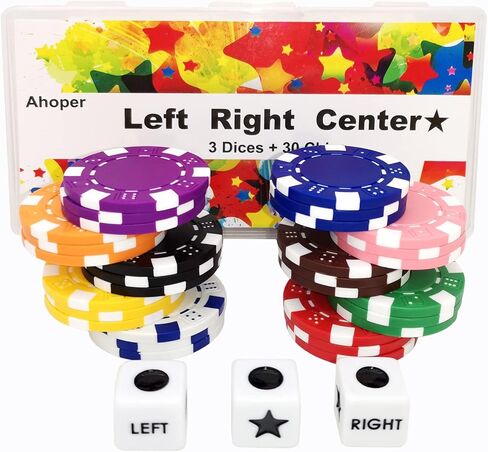 مجموعة ألعاب النرد المركزية اليمنى واليسرى مع 3 نردات + 30 شريحة بوكر احترافية كبيرة، ورقائق كازينو 11.5 جرام. in Kuwait