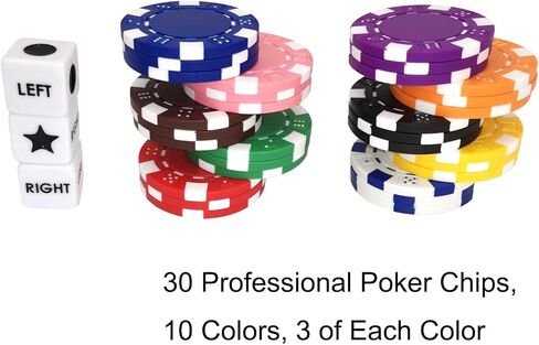 مجموعة ألعاب النرد المركزية اليمنى واليسرى مع 3 نردات + 30 شريحة بوكر احترافية كبيرة، ورقائق كازينو 11.5 جرام. in Kuwait