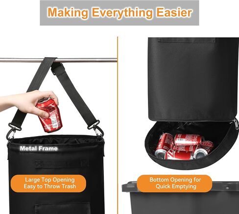 سلة مهملات القوارب المحمولة من WOMACO، حقيبة قمامة قابلة لإعادة الاستخدام للقوارب شديدة التحمل 600D، حقيبة تخزين قمامة مانعة للتسرب مع فتحة سحاب سفلية للقارب، الكاياك، التخييم، RV (فتحة سحاب، أسود) in Kuwait