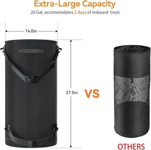 سلة مهملات القوارب المحمولة من WOMACO، حقيبة قمامة قابلة لإعادة الاستخدام للقوارب شديدة التحمل 600D، حقيبة تخزين قمامة مانعة للتسرب مع فتحة سحاب سفلية للقارب، الكاياك، التخييم، RV (فتحة سحاب، أسود) in Kuwait