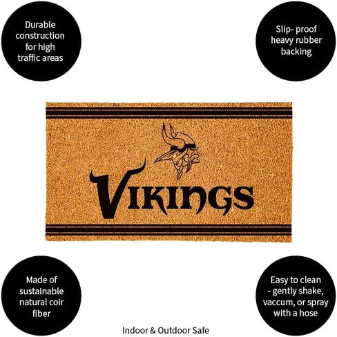 سجادة باب من ألياف جوز الهند الطبيعية NFL Minnesota Vikings من Team Sports America NFL | مدخل داخلي وخارجي | 28 × 16 بوصة | عدم الانزلاق مرة أخرى | ترحيب الحصير | كفوف الكلب الموحلة | ديكور المنزل لمدخل الباب الأمامي in Kuwait