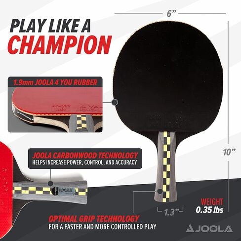 مجداف Ping Pong الاحترافي من JOOLA Carbon Pro - مضرب بتقنية خشب الكربون ومطاط JOOLA 4 You باللون الأحمر/الأسود - مضرب تنس طاولة مصمم للسرعة in Kuwait