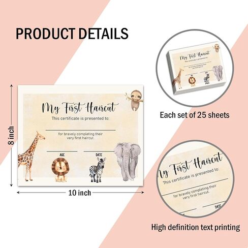 25 My First Haircut Certificate for Baby First Haircut Keepsake Certificate Milestone Marker First Haircut Award for Kids Baby Girl Boy Salon 8 x10 Inches Giraffe Lion Zebra Elephant Sloth - DH136 in Saudi Arabia