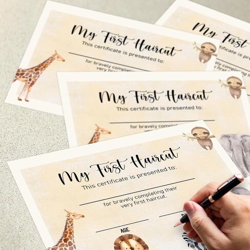 25 My First Haircut Certificate for Baby First Haircut Keepsake Certificate Milestone Marker First Haircut Award for Kids Baby Girl Boy Salon 8 x10 Inches Giraffe Lion Zebra Elephant Sloth - DH136 in Saudi Arabia