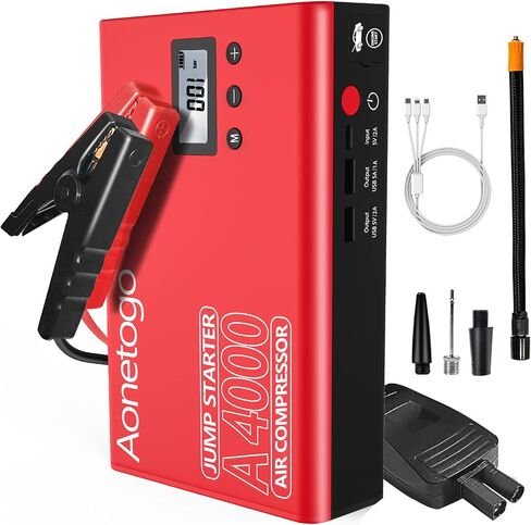 جهاز Jump Starter مع ضاغط هواء، معزز بطارية محمولة بقدرة 2800 أمبير بقدرة 20000 مللي أمبير في الساعة (ما يصل إلى 8.5 لتر غاز، ومحركات ديزل 7 لتر) مع منفاخ إطارات رقمي بقوة 100 رطل لكل بوصة مربعة، وشاحن طاقة لبطارية ليثيوم للسيارة بقوة 12 فولت in Saudi Arabia