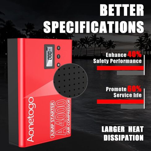 جهاز Jump Starter مع ضاغط هواء، معزز بطارية محمولة بقدرة 2800 أمبير بقدرة 20000 مللي أمبير في الساعة (ما يصل إلى 8.5 لتر غاز، ومحركات ديزل 7 لتر) مع منفاخ إطارات رقمي بقوة 100 رطل لكل بوصة مربعة، وشاحن طاقة لبطارية ليثيوم للسيارة بقوة 12 فولت in Saudi Arabia