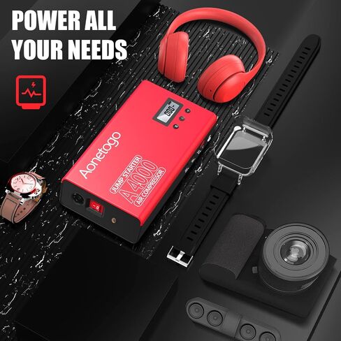 جهاز Jump Starter مع ضاغط هواء، معزز بطارية محمولة بقدرة 2800 أمبير بقدرة 20000 مللي أمبير في الساعة (ما يصل إلى 8.5 لتر غاز، ومحركات ديزل 7 لتر) مع منفاخ إطارات رقمي بقوة 100 رطل لكل بوصة مربعة، وشاحن طاقة لبطارية ليثيوم للسيارة بقوة 12 فولت in Saudi Arabia