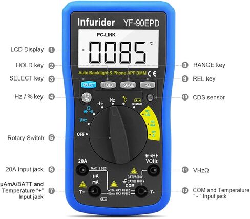 مقياس رقمي متعدد، INFURIDER YF-90EPC 4000 فولت متر، جهاز اختبار متعدد المدى تلقائيًا، مقياس الفولتميتر DMM لتيار متردد تيار مستمر فولت، أمبير، أوم، غطاء، درجة الحرارة، اختبار البطارية مع توصيل USB بالكمبيوتر in Kuwait