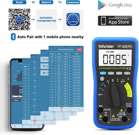 مقياس رقمي متعدد، INFURIDER YF-90EPC 4000 فولت متر، جهاز اختبار متعدد المدى تلقائيًا، مقياس الفولتميتر DMM لتيار متردد تيار مستمر فولت، أمبير، أوم، غطاء، درجة الحرارة، اختبار البطارية مع توصيل USB بالكمبيوتر in Kuwait