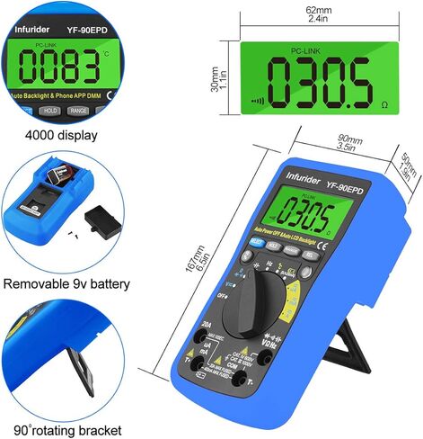 مقياس رقمي متعدد، INFURIDER YF-90EPC 4000 فولت متر، جهاز اختبار متعدد المدى تلقائيًا، مقياس الفولتميتر DMM لتيار متردد تيار مستمر فولت، أمبير، أوم، غطاء، درجة الحرارة، اختبار البطارية مع توصيل USB بالكمبيوتر in Kuwait