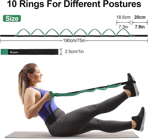 Bosaen [جديد 2024] حزام مطاطي مع 10 حلقات للعلاج الطبيعي، حزام يوجا غير مرن للتمرين المنزلي، البيلاتيس، الجمباز، حزام مطاطي للنساء والرجال مع كتاب تمرين in Kuwait