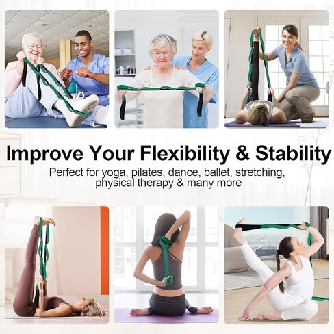 Bosaen [جديد 2024] حزام مطاطي مع 10 حلقات للعلاج الطبيعي، حزام يوجا غير مرن للتمرين المنزلي، البيلاتيس، الجمباز، حزام مطاطي للنساء والرجال مع كتاب تمرين in Kuwait