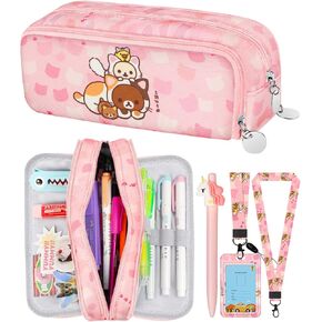Trendy Fun for Large Pencil Case Big Capacity 3 Compartments Pencil Pouch Cute Cartoon Design Bear Pen Bag with Zipper for Girls Teens Estuche para Lapices Sticker +Pen+ ID Badge Holder+Lanyard