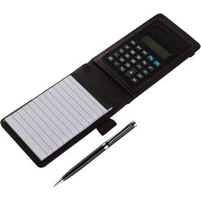 PLENTY Deluxe Leather Pocket Notebook Cover Jotter Organizer Memo Pad Holder with Calculator, 50 Pages Note Paper, Pen and Business Card Slot (Brown)