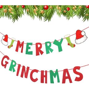 Amaxiu Red Green Merry Grinchmas Banner Decorations, Glitter Paper Banner for Christmas Xmas Decorations Indoor Grinchmas Party Banner with Santa Hat Stocking Stuffer Ornaments for Fireplace Mantel