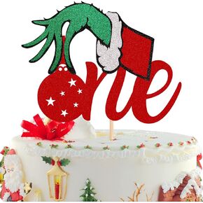 1 Pack Christmas One Cake Topper with Glitter Christmas Hand First Birthday Cake Topper Picks Decorations for Christmas Theme Baby Shower 1st Birthday Party Decorations Supplies Red