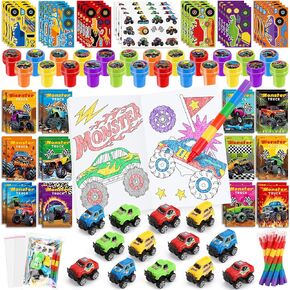 BenLouis 168Pcs Monster Truck Party Favors Truck Car Theme Coloring Books Crayons Sticker Set Bulk for Kids Racing Wheels Birthday Decor Goodie Bag Stuffer Classroom Rewards Craft Pinata Supplies