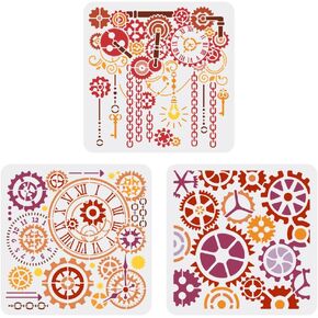 FINGERINSPIRE 3 Pcs Retro Gear Painting Stencil 11.8x11.8inch Reusable Steampunk Gear Steampunk Chain Key Pattern Drawing Template Gear Clocks Stencil for Painting on Wood Wall Fabric Furniture