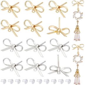 BENECREAT 24Pcs Real 18K Gold Plated Earring Stud, Brass Bow Tie Earring Findings Posts Stud with Loops and 40Pcs Plastic Ear Nuts for Earring Jewelry Making, Gift DIY