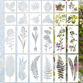 24pcs/Set Flower and Leaf Painting Stencils, PET Reusable Wild Flower Stencil Plastic Art Drawing Floral Templates DIY Crafts Plant Stencil for Painting on Wood Wall Door Canvas Home