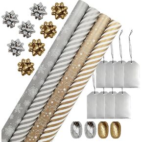 Wrapping Paper,4 Rolls of White Gold Christmas Baby Birthday Wedding Gift Wrap Paper.Includes Xmas Tree,Snowflake,Stripe Elements.Includes Decorative Flowers,Ribbons,Labels.Each Roll 27.5In X 13ft