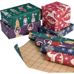 RUSPEPA Kraft Wrapping Paper Rolls - 17 inches x 10 feet per Roll, Total of 4 Rolls, Santa Claus, Snowflake and Christmas Tree Design