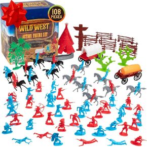 Wild West Action Figure Playset- 100+ pc Cowboys & Native Americans Figurine Toys- Includes Rideable Horses, Wagons, Canoes, & More- Great for Pretend Play, Dioramas, School Projects, Gifts for Kids