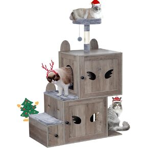 Snughome Cat Tree with Litter Box Enclosure, 3 in 1 Modern Cat Tower for Indoor Cats, Double Hidden Litter Box Cabinet Furniture with Cat Stairs, Scratching Post, Indoor Cat House for 2 Cats, Grey