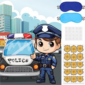 Pin the Badge On the Policeman Party Game Large Cartoon Police Car Sheriff Poster with 24Pcs Badge Stickers Blindfolds Detective Officer Cop Themed Birthday Party Activity Decorations Supplies
