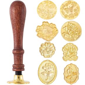 9pcs Wax Seal Stamp Set, Brass Sealing Wax Stamps Head & Wooden Handle for Wedding Invitations Cards Envelopes- Love Rose+Sunflower+Flower Window+Rose Flower+Butterfly+Kapok+Sakura+Leaves