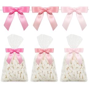 JarThenaAMCS 50Pcs Clear Cellophane Bags with Pink Bow Twist Ties Treat Gift Bags Plastic Candy Goodie Bags for Home Party Sweet Snack Cookie Packing