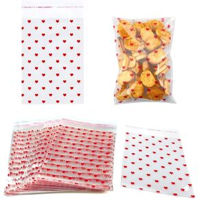 SaktopDeco 100 PCS Heart Valentine Cellophane Bags Red Gift Bags Self Sealing Cookie Bags for Party Valentine's Day Supplies