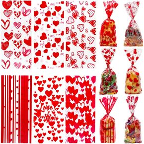 AouEtnay 120 Pieces Valentines Cellophane Treat Bags Valentines Day Candy Bags, 6 Assorted Styles Valentine Treat Bags with Ties for Valentine's Day Party Favor Supplies