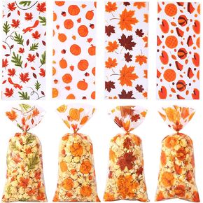 Kistreao Thanksgiving Cellophane Treat Bags Clear Fall Pumpkin Maple Leaf Candy Bags Plastic Goodie Cookie Gift Bags with Twist Ties for Autumn Harvest Thanksgiving Party Supplies 50Pcs (B)