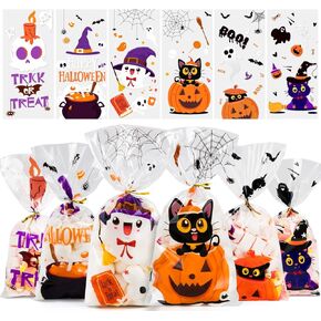 Labeol 150pcs Halloween Treat Bags, 5X11 Halloween Candy bags, Cellophane Bags Goodie Bags Party Favor Bags Clear Gift Bags Cookie Bags Trick or Treat Bags with Ties