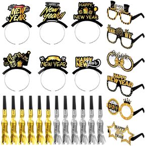 Crowye 24 Pcs New Years Eve Party Supply 2025, 6 Happy New Year Headband 6 Eyeglasses and 12 Metallic Fringed Noise Maker