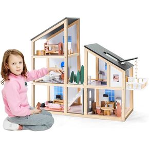 Large Wooden Doll House for Kids Ages 3+, Sturdy Modern Family Dollhouse Kit with Realistic Furniture Design, Educational Wooden Toy House for Toddlers Early Learning & Creative Play