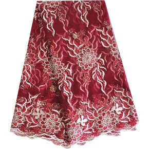 SanVera17 African Lace Net Fabrics Nigerian Embroidered Sparkling Stone French Fabric for Party Dress (Wine) 5 Yards 269-5