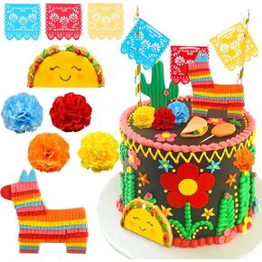 JeVenis Luxury Papel Picado Cake Banner Mexican Fiesta Cake Decoration Mexican Wedding Toppers For Cake Pinata Taco Cake Topper Fiesta Cake Topper